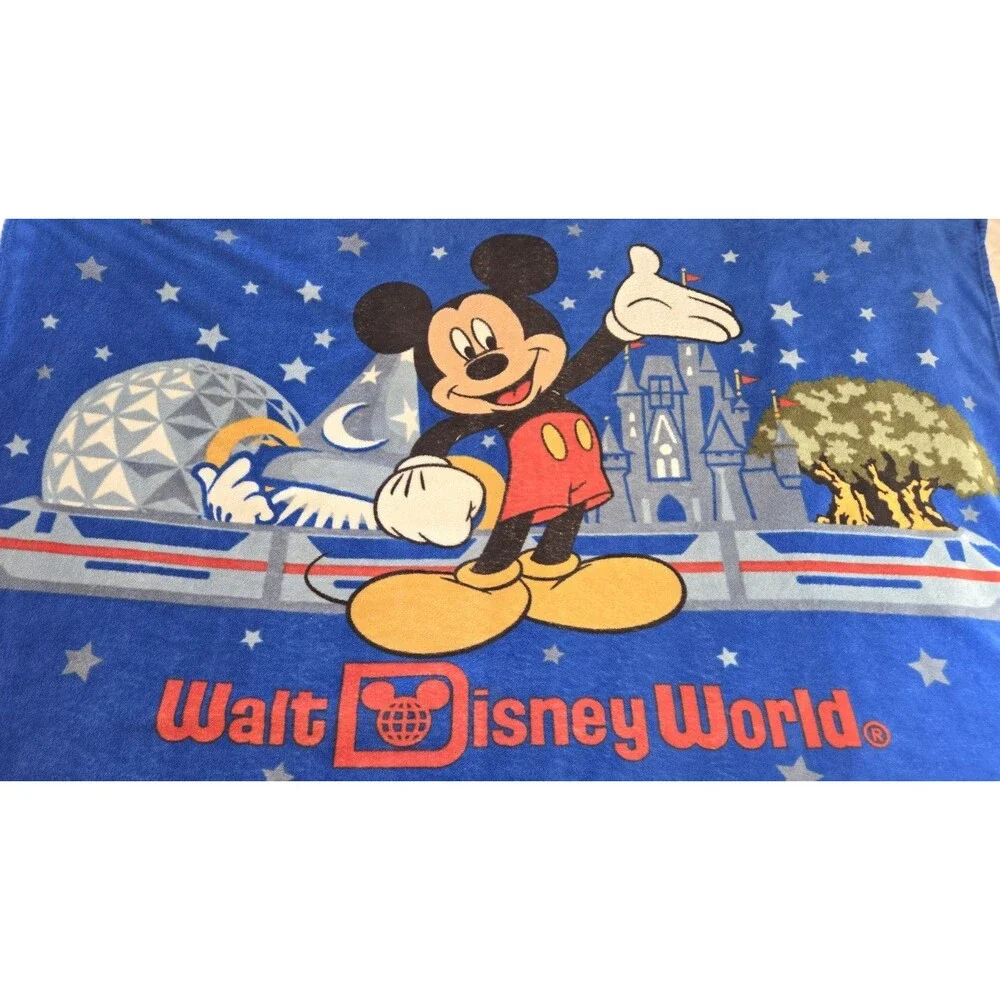Vintage Walt Disney World Fleece Blanket Mickey Mouse Epcot Animal Kingdom Blue